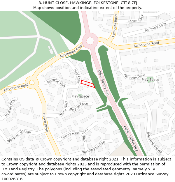 8, HUNT CLOSE, HAWKINGE, FOLKESTONE, CT18 7FJ: Location map and indicative extent of plot