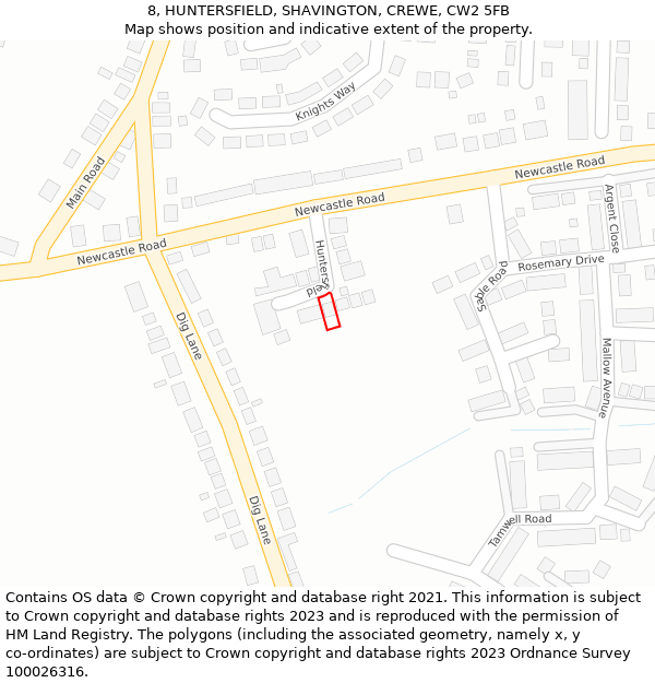 8, HUNTERSFIELD, SHAVINGTON, CREWE, CW2 5FB: Location map and indicative extent of plot