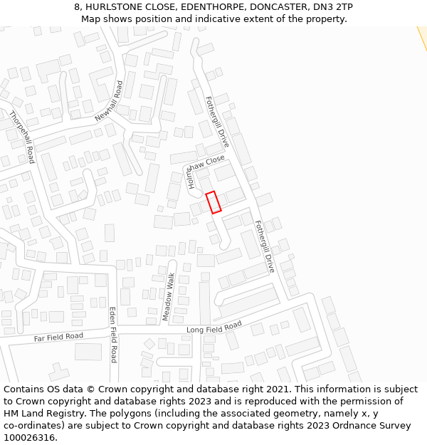 8, HURLSTONE CLOSE, EDENTHORPE, DONCASTER, DN3 2TP: Location map and indicative extent of plot