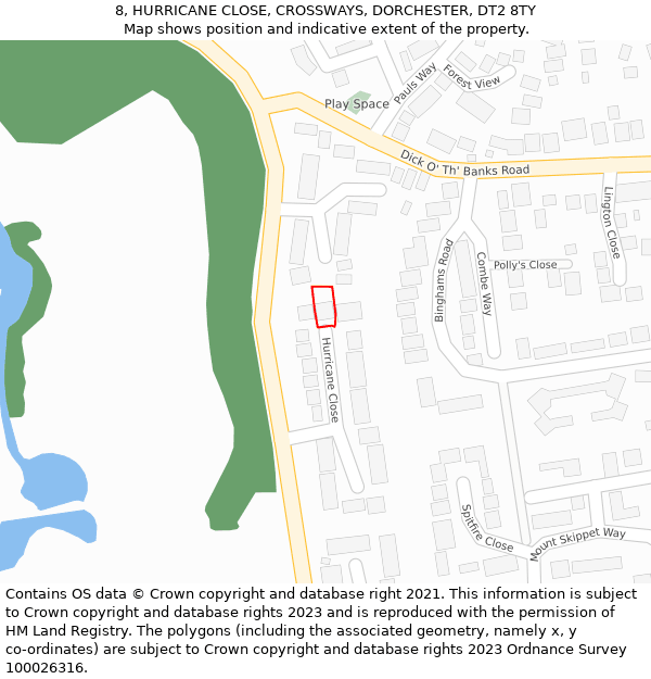 8, HURRICANE CLOSE, CROSSWAYS, DORCHESTER, DT2 8TY: Location map and indicative extent of plot