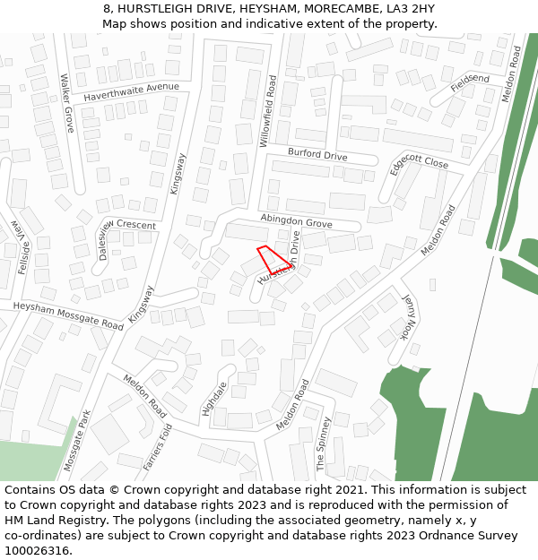 8, HURSTLEIGH DRIVE, HEYSHAM, MORECAMBE, LA3 2HY: Location map and indicative extent of plot