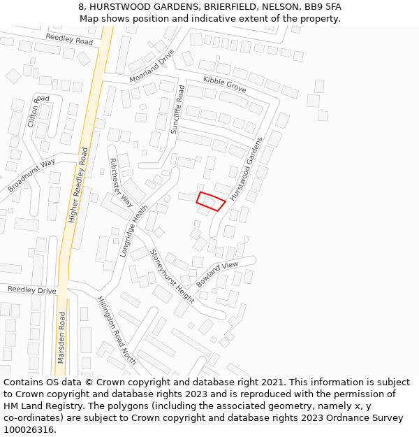 8, HURSTWOOD GARDENS, BRIERFIELD, NELSON, BB9 5FA: Location map and indicative extent of plot