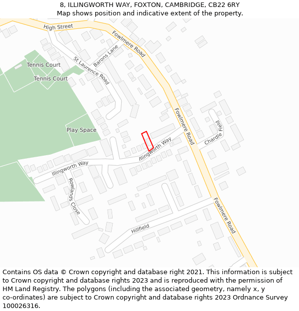 8, ILLINGWORTH WAY, FOXTON, CAMBRIDGE, CB22 6RY: Location map and indicative extent of plot