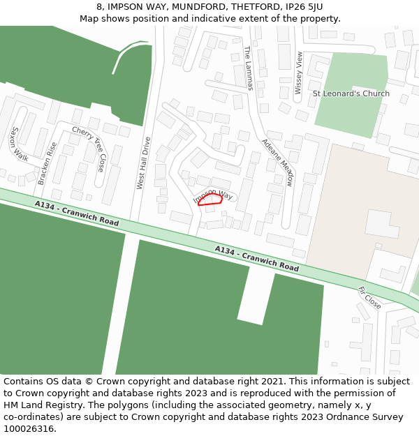 8, IMPSON WAY, MUNDFORD, THETFORD, IP26 5JU: Location map and indicative extent of plot