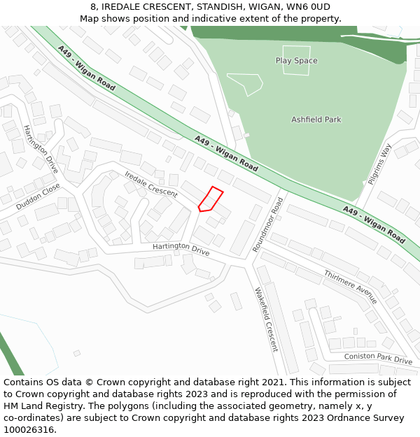 8, IREDALE CRESCENT, STANDISH, WIGAN, WN6 0UD: Location map and indicative extent of plot