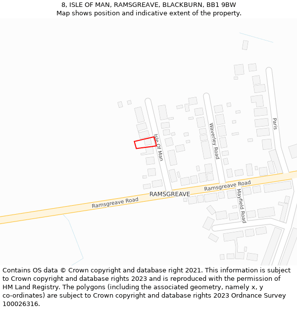 8, ISLE OF MAN, RAMSGREAVE, BLACKBURN, BB1 9BW: Location map and indicative extent of plot