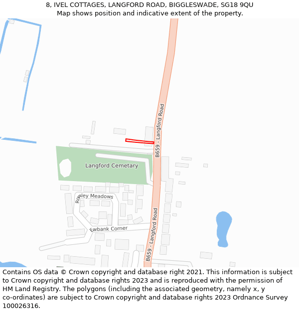 8, IVEL COTTAGES, LANGFORD ROAD, BIGGLESWADE, SG18 9QU: Location map and indicative extent of plot