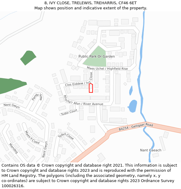 8, IVY CLOSE, TRELEWIS, TREHARRIS, CF46 6ET: Location map and indicative extent of plot