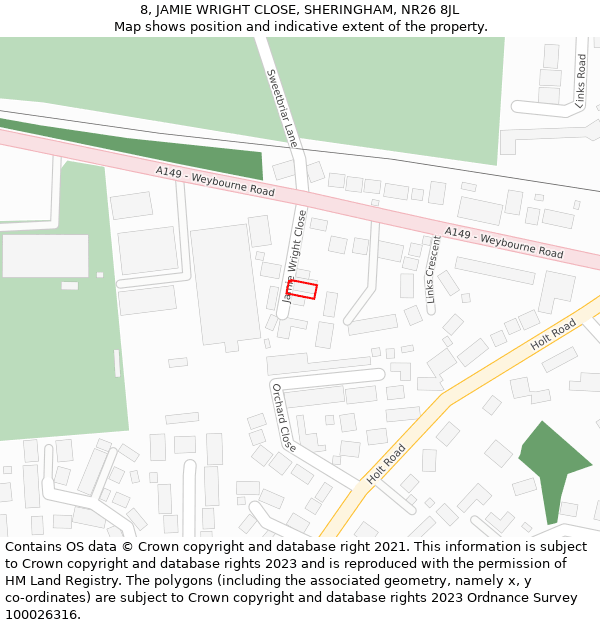 8, JAMIE WRIGHT CLOSE, SHERINGHAM, NR26 8JL: Location map and indicative extent of plot