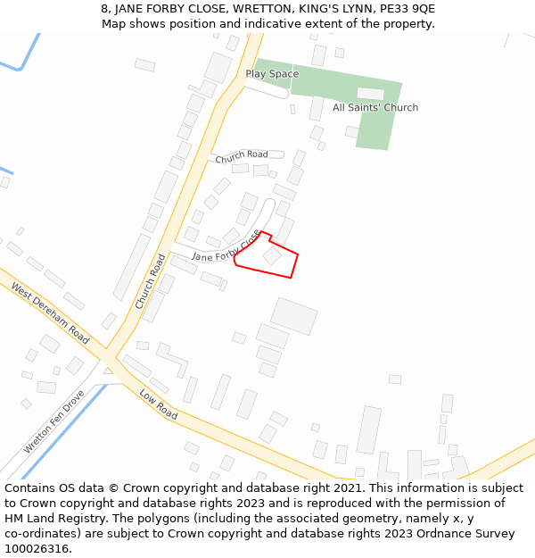 8, JANE FORBY CLOSE, WRETTON, KING'S LYNN, PE33 9QE: Location map and indicative extent of plot
