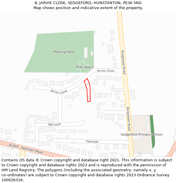 8, JARVIE CLOSE, SEDGEFORD, HUNSTANTON, PE36 5NG: Location map and indicative extent of plot