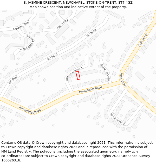 8, JASMINE CRESCENT, NEWCHAPEL, STOKE-ON-TRENT, ST7 4GZ: Location map and indicative extent of plot