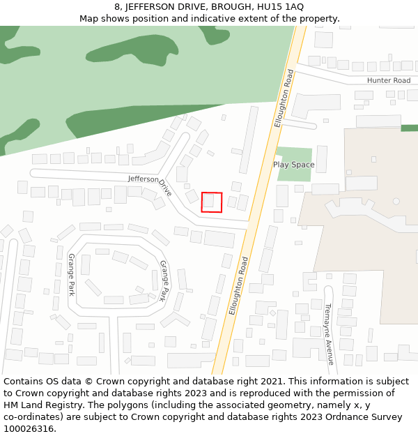 8, JEFFERSON DRIVE, BROUGH, HU15 1AQ: Location map and indicative extent of plot