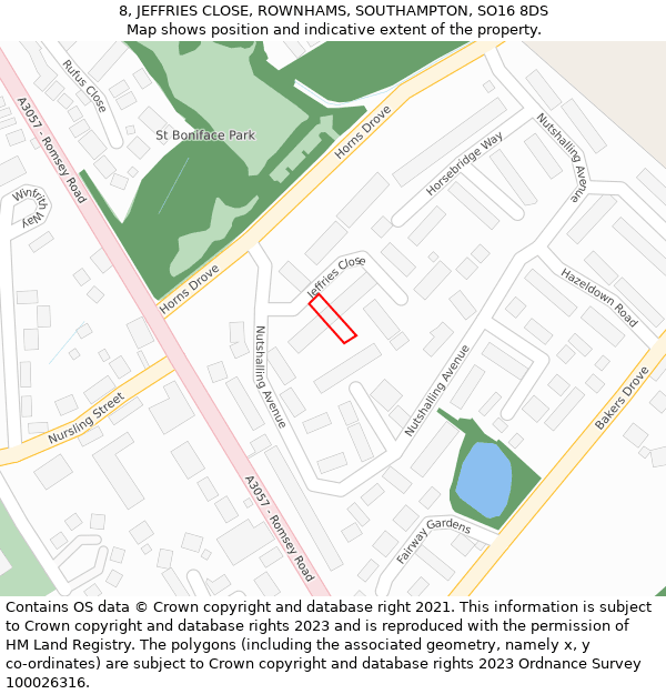 8, JEFFRIES CLOSE, ROWNHAMS, SOUTHAMPTON, SO16 8DS: Location map and indicative extent of plot