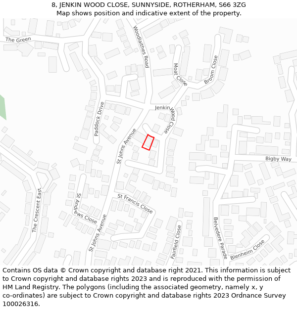 8, JENKIN WOOD CLOSE, SUNNYSIDE, ROTHERHAM, S66 3ZG: Location map and indicative extent of plot