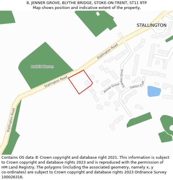 8, JENNER GROVE, BLYTHE BRIDGE, STOKE-ON-TRENT, ST11 9TP: Location map and indicative extent of plot