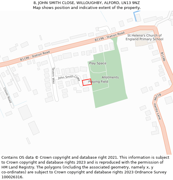 8, JOHN SMITH CLOSE, WILLOUGHBY, ALFORD, LN13 9NZ: Location map and indicative extent of plot