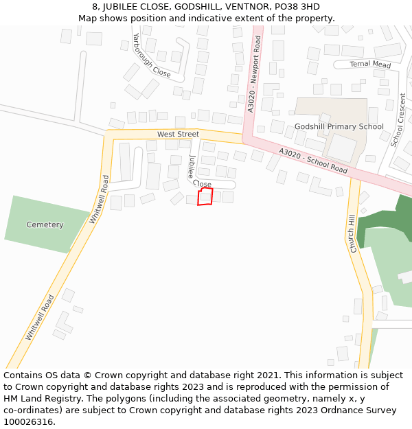 8, JUBILEE CLOSE, GODSHILL, VENTNOR, PO38 3HD: Location map and indicative extent of plot