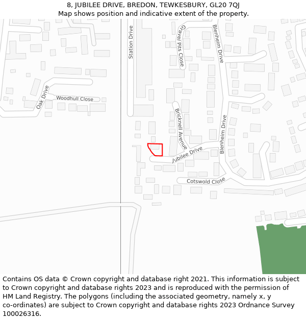 8, JUBILEE DRIVE, BREDON, TEWKESBURY, GL20 7QJ: Location map and indicative extent of plot