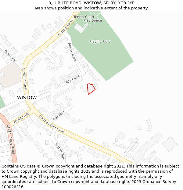 8, JUBILEE ROAD, WISTOW, SELBY, YO8 3YP: Location map and indicative extent of plot