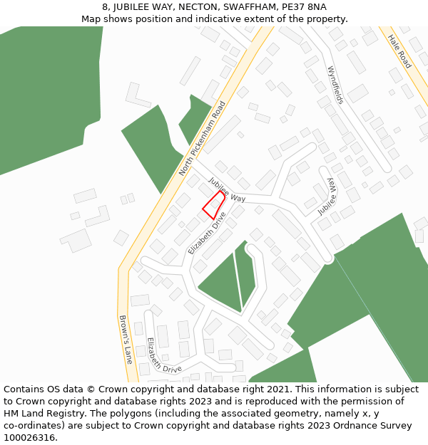 8, JUBILEE WAY, NECTON, SWAFFHAM, PE37 8NA: Location map and indicative extent of plot