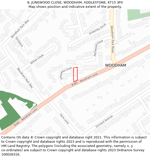 8, JUNEWOOD CLOSE, WOODHAM, ADDLESTONE, KT15 3PX: Location map and indicative extent of plot