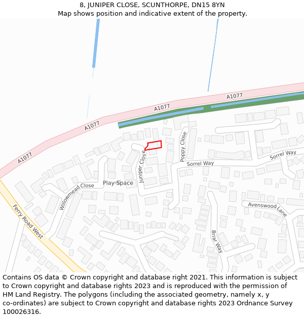 8, JUNIPER CLOSE, SCUNTHORPE, DN15 8YN: Location map and indicative extent of plot