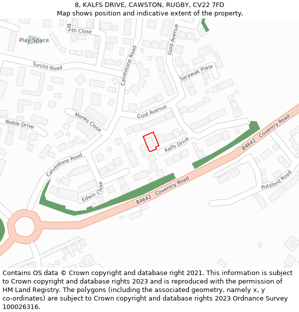 8, KALFS DRIVE, CAWSTON, RUGBY, CV22 7FD: Location map and indicative extent of plot