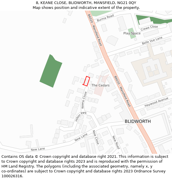 8, KEANE CLOSE, BLIDWORTH, MANSFIELD, NG21 0QY: Location map and indicative extent of plot