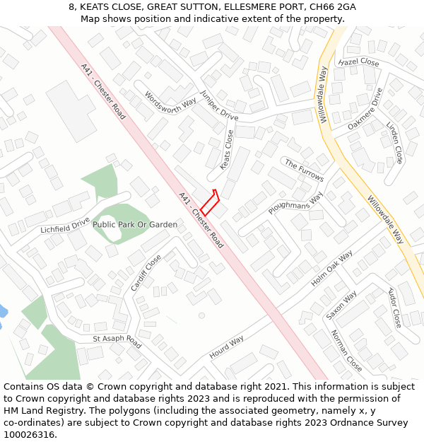 8, KEATS CLOSE, GREAT SUTTON, ELLESMERE PORT, CH66 2GA: Location map and indicative extent of plot