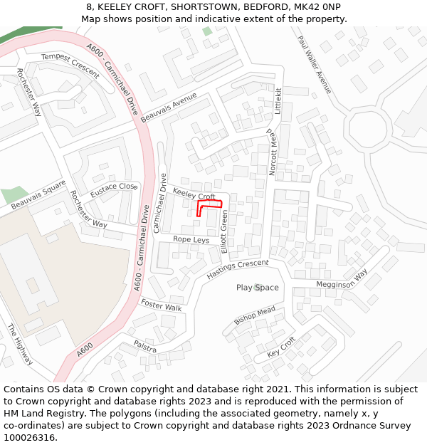 8, KEELEY CROFT, SHORTSTOWN, BEDFORD, MK42 0NP: Location map and indicative extent of plot