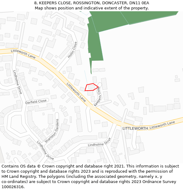 8, KEEPERS CLOSE, ROSSINGTON, DONCASTER, DN11 0EA: Location map and indicative extent of plot