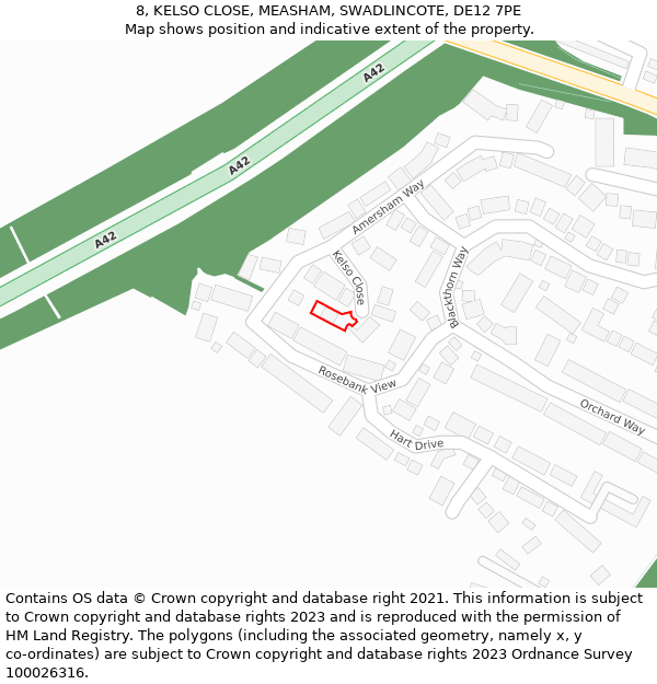 8, KELSO CLOSE, MEASHAM, SWADLINCOTE, DE12 7PE: Location map and indicative extent of plot