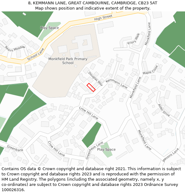 8, KEMMANN LANE, GREAT CAMBOURNE, CAMBRIDGE, CB23 5AT: Location map and indicative extent of plot