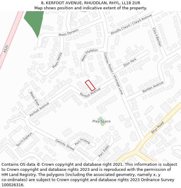 8, KERFOOT AVENUE, RHUDDLAN, RHYL, LL18 2UR: Location map and indicative extent of plot