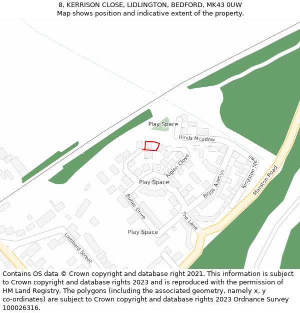 8, KERRISON CLOSE, LIDLINGTON, BEDFORD, MK43 0UW: Location map and indicative extent of plot