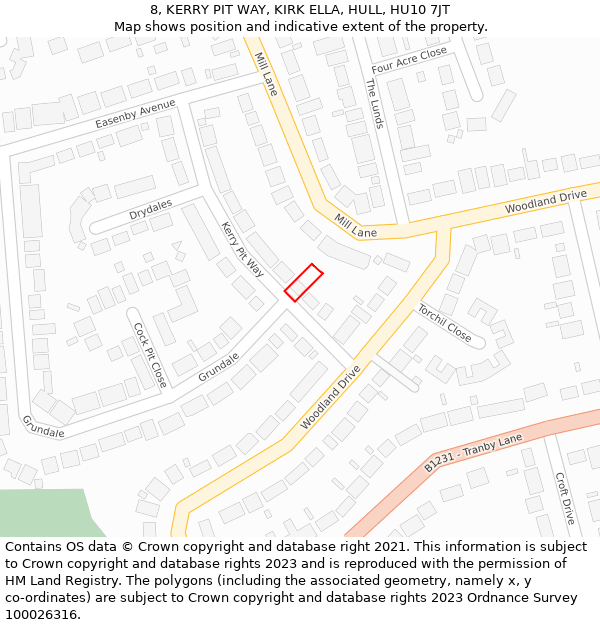 8, KERRY PIT WAY, KIRK ELLA, HULL, HU10 7JT: Location map and indicative extent of plot