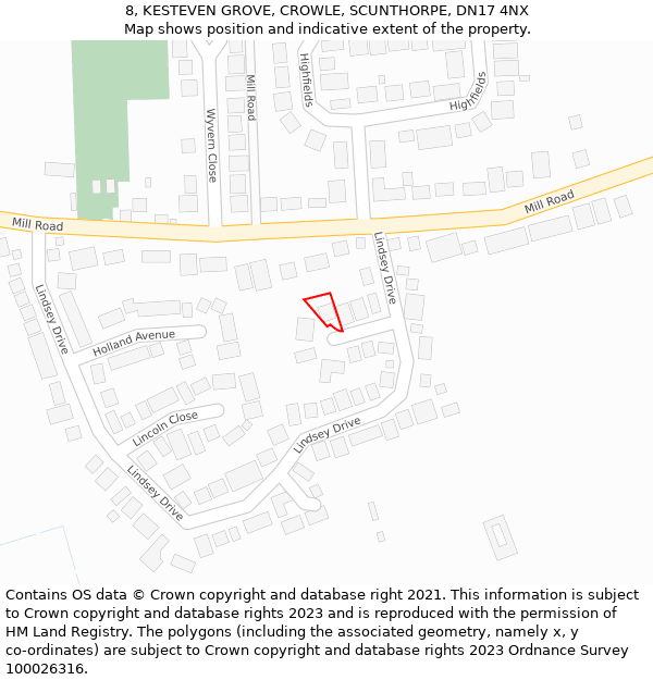 8, KESTEVEN GROVE, CROWLE, SCUNTHORPE, DN17 4NX: Location map and indicative extent of plot