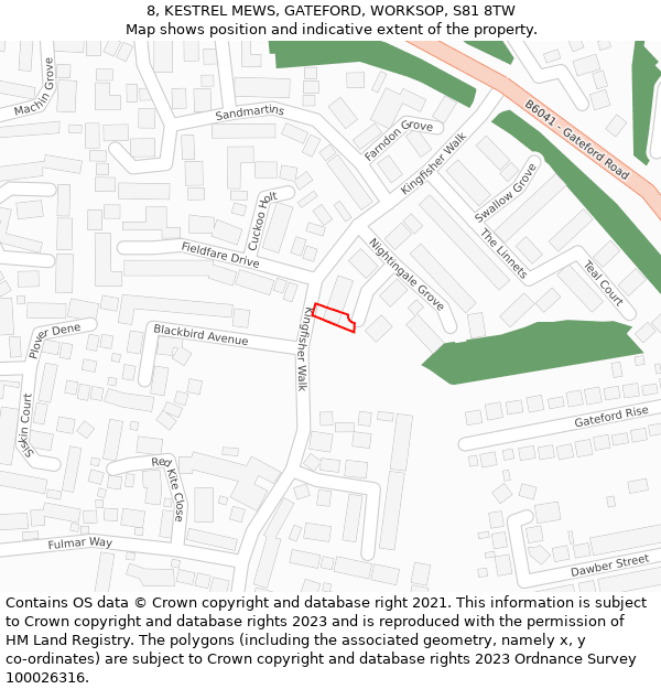 8, KESTREL MEWS, GATEFORD, WORKSOP, S81 8TW: Location map and indicative extent of plot