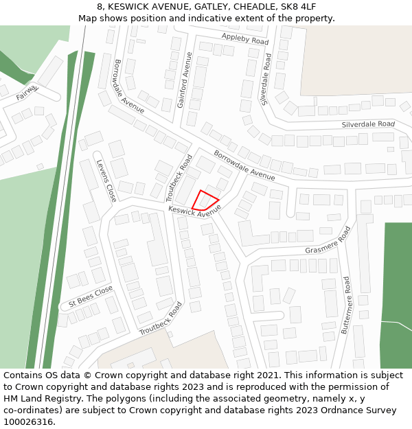 8, KESWICK AVENUE, GATLEY, CHEADLE, SK8 4LF: Location map and indicative extent of plot