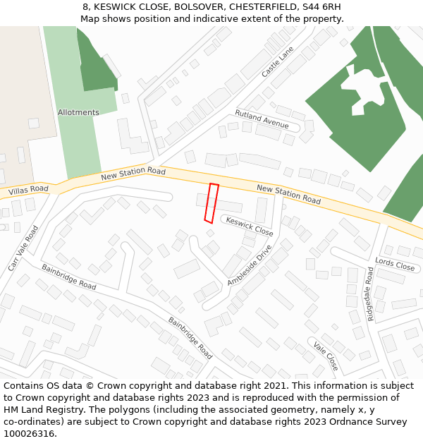 8, KESWICK CLOSE, BOLSOVER, CHESTERFIELD, S44 6RH: Location map and indicative extent of plot