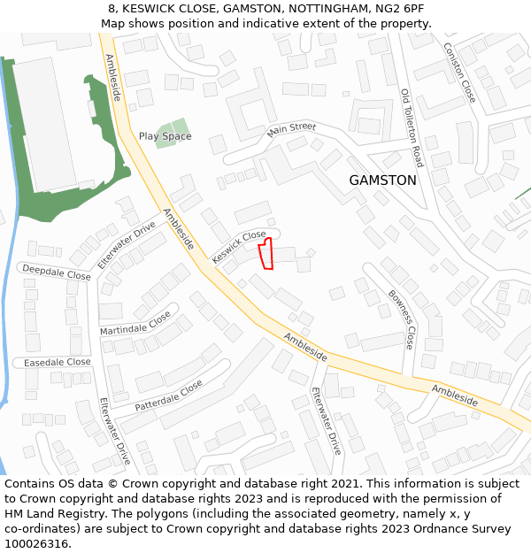 8, KESWICK CLOSE, GAMSTON, NOTTINGHAM, NG2 6PF: Location map and indicative extent of plot