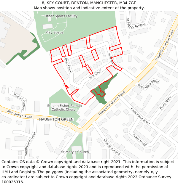 8, KEY COURT, DENTON, MANCHESTER, M34 7GE: Location map and indicative extent of plot