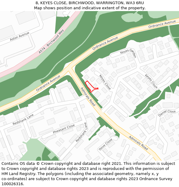 8, KEYES CLOSE, BIRCHWOOD, WARRINGTON, WA3 6RU: Location map and indicative extent of plot