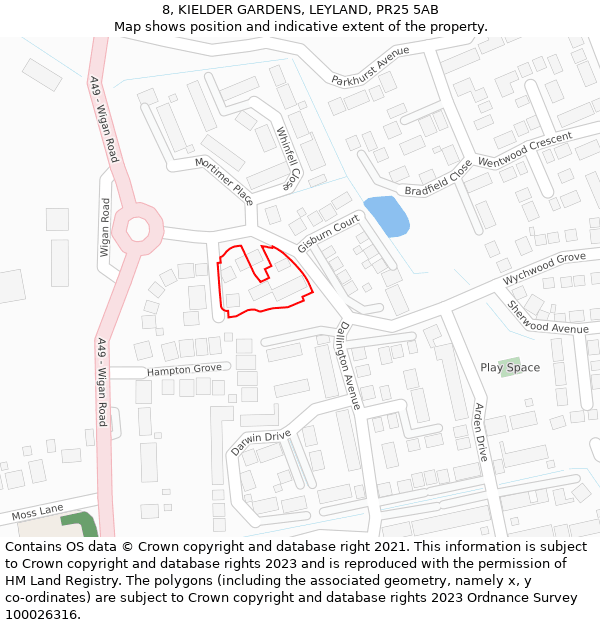 8, KIELDER GARDENS, LEYLAND, PR25 5AB: Location map and indicative extent of plot