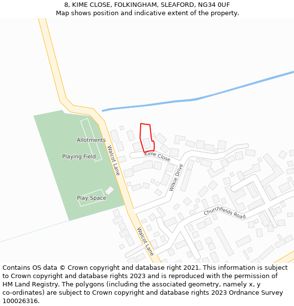8, KIME CLOSE, FOLKINGHAM, SLEAFORD, NG34 0UF: Location map and indicative extent of plot