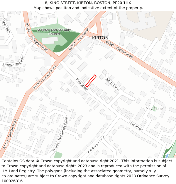 8, KING STREET, KIRTON, BOSTON, PE20 1HX: Location map and indicative extent of plot