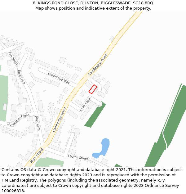 8, KINGS POND CLOSE, DUNTON, BIGGLESWADE, SG18 8RQ: Location map and indicative extent of plot