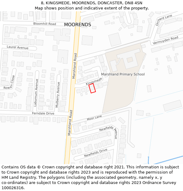 8, KINGSMEDE, MOORENDS, DONCASTER, DN8 4SN: Location map and indicative extent of plot