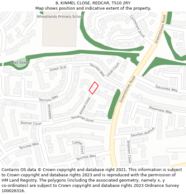 8, KINMEL CLOSE, REDCAR, TS10 2RY: Location map and indicative extent of plot